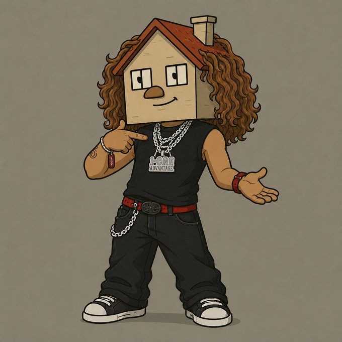 Cartoon character with a house for a head, long curly brown hair, wearing a black tank top, chains, and dark jeans, pointing to himself.