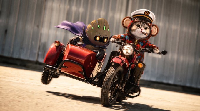 A whimsical 3D-rendered or costumed scene showing a cat dressed as a sailor riding a red motorcycle with a sidecar carrying a small alien-like creature with a purple cape.