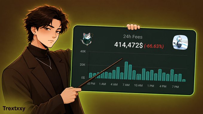 An anime-style illustration of a man in a dark suit pointing to a chart displaying '24h Fees 414,472$ (-66.63%)' with the watermark 'Trextxxy' in the corner.