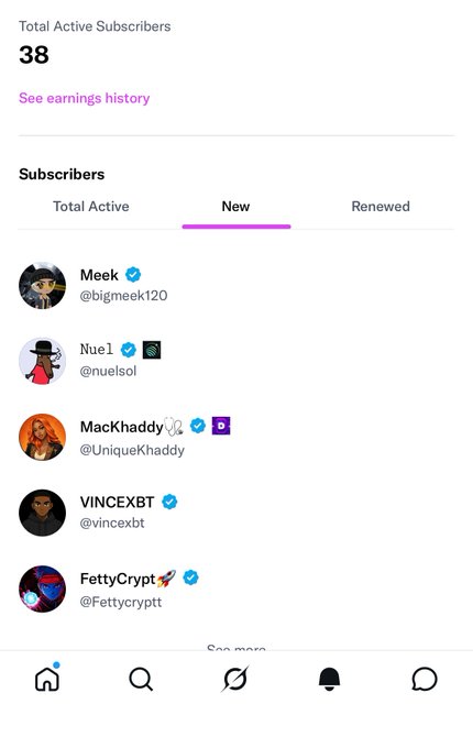 An Instagram subscription page showing 38 total active subscribers, highlighting 5 new subs in the "New" tab: @bigmeek120 (Meek), @nuelsol (Nue1), @UniqueKhaddy (MacKhaddy), @vincexbt (VINCEXBT), and @Fettycryptt (FettyCrpyt)—matching the post's celebration of gaining 5 subscribers in one day.