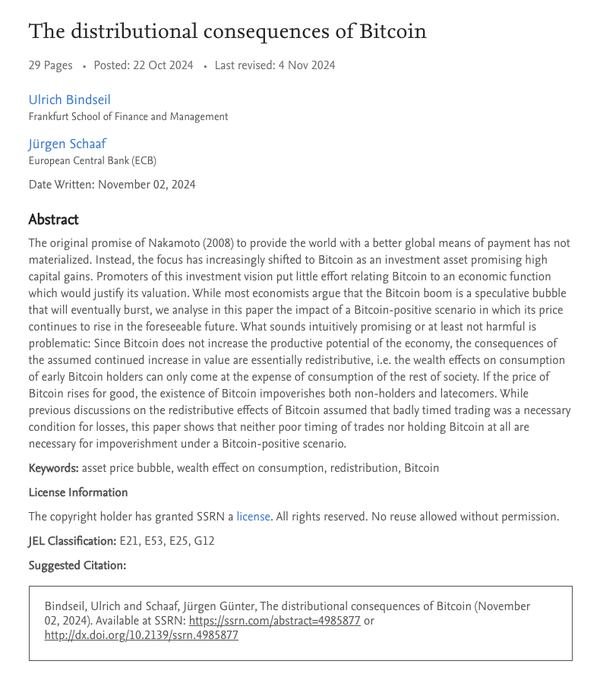 An academic paper abstract titled 'The distributional consequences of Bitcoin' by Ulrich Bindseil and Jürgen Schaaf, analyzing Bitcoin's redistribution effects on wealth.