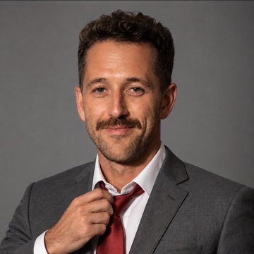 A professional headshot of a smiling man with curly dark hair and a beard, wearing a gray suit with a red tie, adjusting the tie against a gray background.