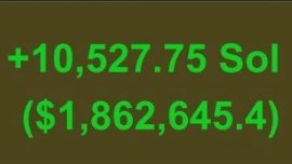 Green text on a dark background reading '+10,527.75 Sol ($1,862,645.4)' showing a Solana cryptocurrency balance.