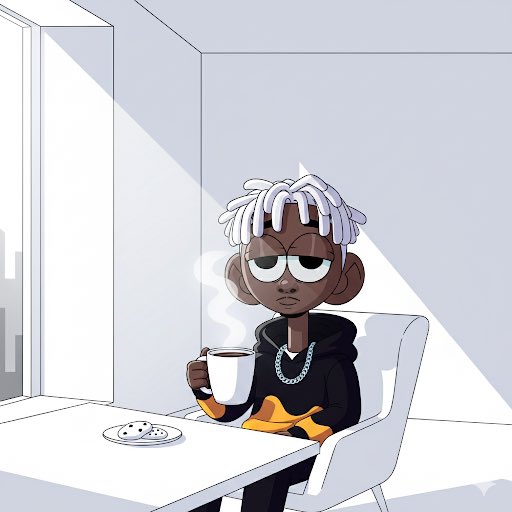 A stylized cartoon illustration shows a young Black person with white dreadlocks wearing a black hoodie, holding a steaming cup of coffee and wearing a skeptical expression in a minimalist white room.