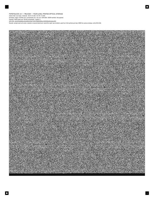 A document titled 'PAPER BLOCK v1.1 | PB24001 | FOUR-LEVEL PRINTED OPTICAL STORAGE' showing what appears to be a full-page printed sheet of dense, random black-and-white pixel data.