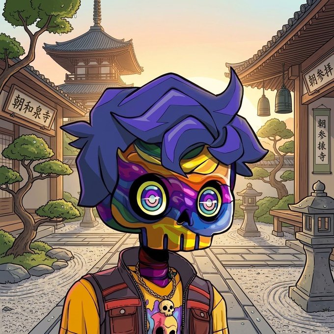 A colorful digital illustration of a character with a rainbow skull face and purple hair standing in a Japanese temple courtyard with pagodas and bonsai trees.