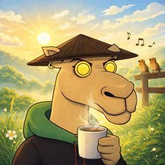 A digital illustration of an anthropomorphic alpaca wearing a conical straw hat and round glasses, peacefully holding a steaming cup of tea in a sunny field.