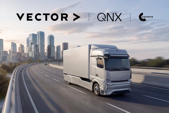 A silver commercial truck drives along a highway with a city skyline in the background, accompanied by logos for "VECTOR," "QNX," and "Coretura." The image aligns with the post about BlackBerry's ($BB) first "alloy Kore" deal, likely showcasing Coretura's collaboration with Vector and QNX on commercial vehicle software.