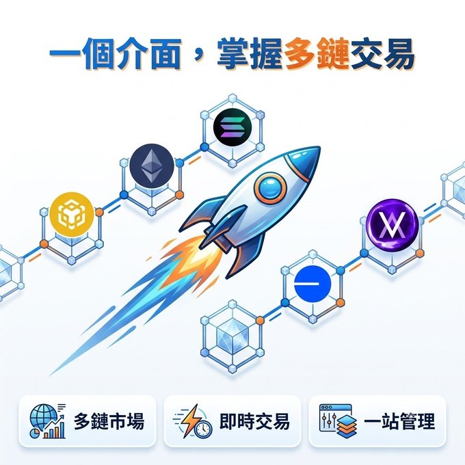 A Chinese promotional graphic reading '一個介面，掌握多鏈交易' featuring a rocket illustration surrounded by cryptocurrency logos (Solana, Ethereum, etc.), with buttons for '多鏈市場', '即時交易', and '一站管理'.