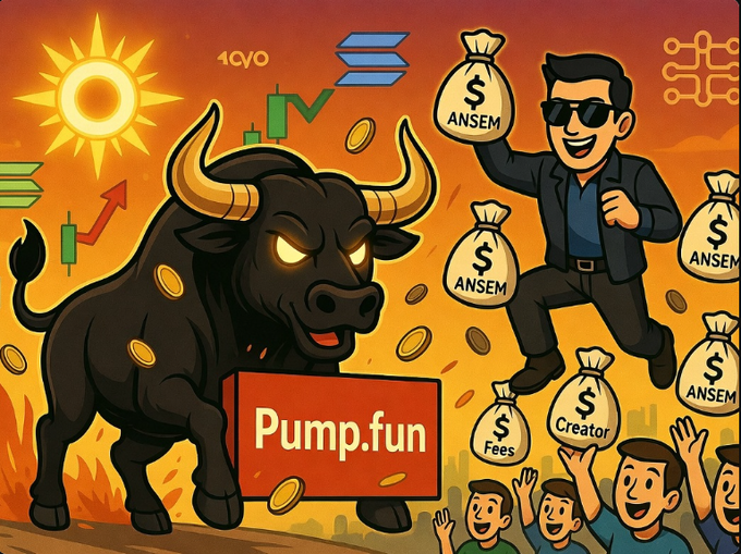 A bold black bull stands prominently with a "Pump.fun" sign beneath it, surrounded by flying money bags labeled "ANSEM" and "Creator Fees," while a smiling man in sunglasses carries another bag and an excited crowd cheers below, visually capturing the story of $ANSEM's rapid Pump.fun launch and the resulting buzz around Ansem's wallet connection.