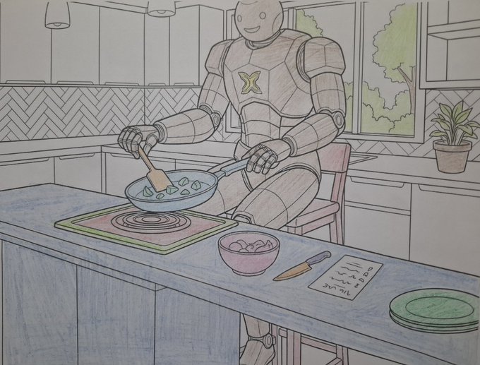 The image features a cartoon drawing of a robot cooking food at a kitchen counter. The robot has arms and legs, and there are bowls and plates present as well. The scene takes place in an indoor setting with various elements such as potted plants, chairs, and cabinets visible around the kitchen area.