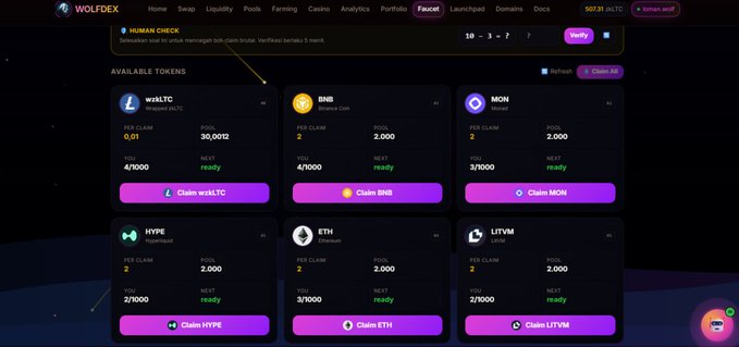 Screenshot of the Wolfdex Faucet page showing available token claims including wzkLTC (0.01 per claim, 36,002 pool), BNB, MON, HYPE, ETH, and LITVM, each marked as "ready" to claim, matching the promotional post's call-to-action to claim free faucet tokens on Wolfdex.