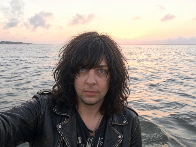 A man with shaggy dark hair wearing a worn black leather jacket, taking a selfie with a sunset over the ocean in the background.