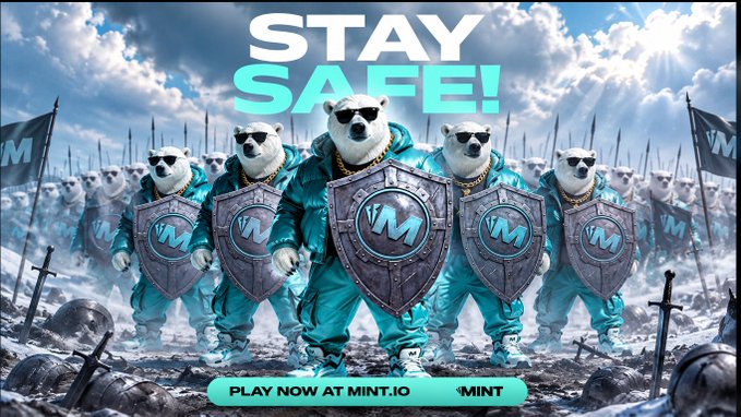 A promotional image featuring an army of polar bears wearing sunglasses and teal tracksuits carrying shields with 'VM' logos, with text reading 'STAY SAFE!' and 'PLAY NOW AT MINT.IO'.