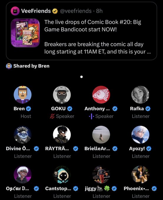 A screenshot of a Twitter Spaces room hosted by Bren for 'VeeFriends', discussing the live drops of Comic Book #20: Big Game Bandicoot, with various listeners and speakers listed.