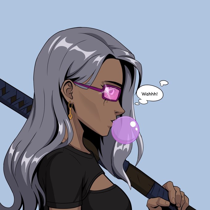 A girl with long silver hair blows a pink bubblegum bubble while saying "Wahhh!" in a thought bubble, complementing the cheerful "Good morning frens 🌸" greeting.