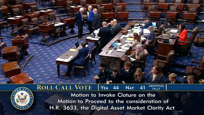 A screenshot of a U.S. Senate roll call vote showing 'Yea 44, Nay 41' on a 'Motion to Invoke Cloture on the Motion to Proceed to the consideration of H.R. 3633, the Digital Asset Market Clarity Act' with senators gathered in the chamber.