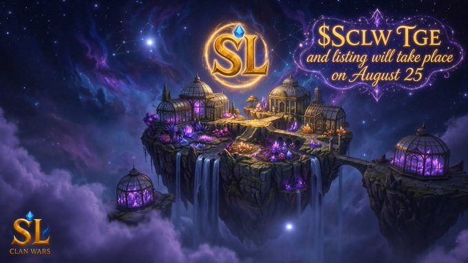 A promotional graphic for Shard Legends features a magical floating island with glowing domed structures and waterfalls against a starry purple sky, with the $SL logo displayed prominently. The image announces the $SCLW TGE and listing scheduled for August 25, aligning with the post's announcement of the Web3 MMORPG's token generation event.