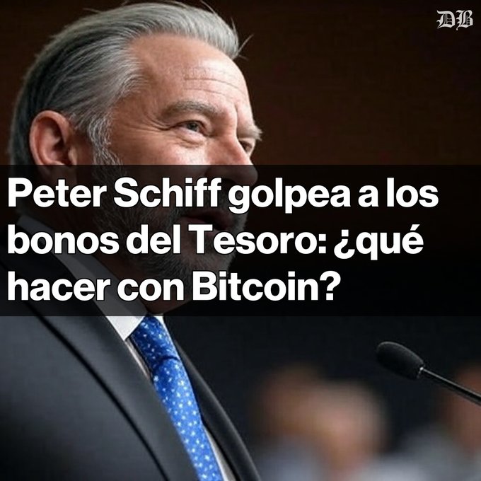 A photograph of Peter Schiff in a suit and blue tie speaking into a microphone, with Spanish text overlay reading 'Peter Schiff golpea a los bonos del Tesoro: ¿qué hacer con Bitcoin?' and a 'WSJ' logo in the corner.