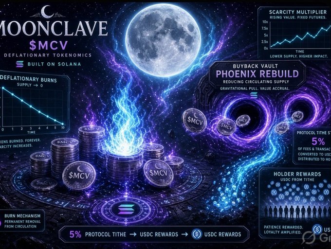 An elaborate, space-themed infographic for 'MOONCLAVE ($MCV)' detailing deflationary tokenomics, built on Solana, featuring charts for scarcity multipliers, burn mechanisms, and holder rewards against a backdrop of a large moon and blue flames.
