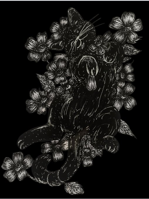 A high-contrast black and white illustration of a dark, stylized cat-like creature surrounded by flowers, appearing somewhat eerie and detailed with white line work on a black background.