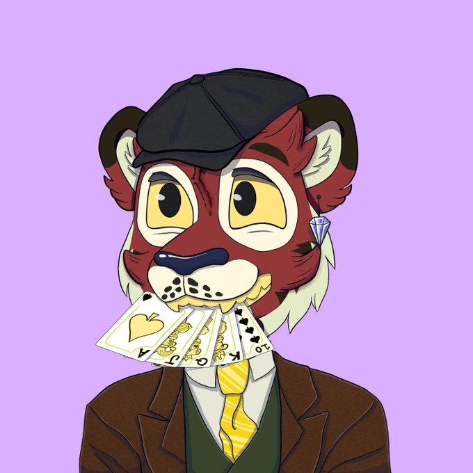 A cartoon anthropomorphic animal character wearing a black cap and brown suit with a yellow striped tie, holding a fan of playing cards in its mouth, set against a light purple background.