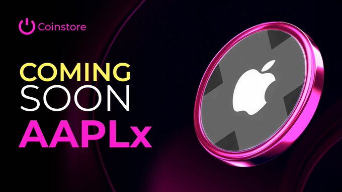 The image features a pink circle with an apple logo inside of it, which appears to be a new product or service that has been recently launched. The text "Coming Soon" is written above the circle, indicating that this item will soon be available for purchase. The image also includes a link to the CoinStore website and a Telegram message from the account "@xStocksFi". This suggests that the post might be related to cryptocurrency or digital assets in some way.