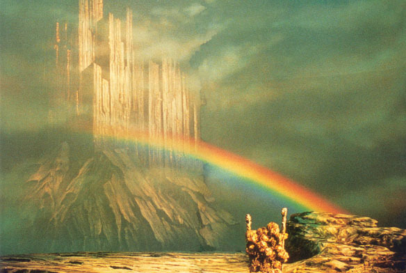The image features a painting of a castle with a rainbow arching over it, creating an illusion that the castle is floating above water. The painting also includes a mountain range in the background. The caption reads "ffs, i might actually have to start buying $ETH !!! one big bitcoin pump and we all go to Valhalla...", which seems to be a reference to Bitcoin or cryptocurrency news.
