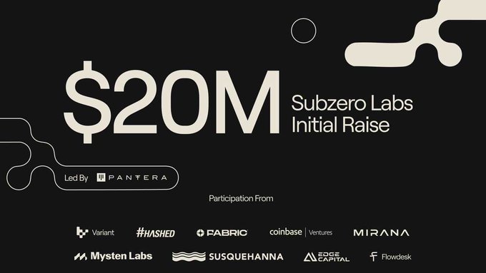 A black promotional graphic announcing '$20M Subzero Labs Initial Raise' led by Pantera, with participation from Variant, Hashed, Fabric, Coinbase Ventures, Mirana, Mysten Labs, Susquehanna, Edge Capital, and Flowdesk.