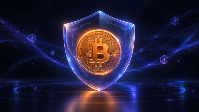 A glowing golden Bitcoin coin is encased inside a translucent blue protective shield against a dark, digital-themed background.