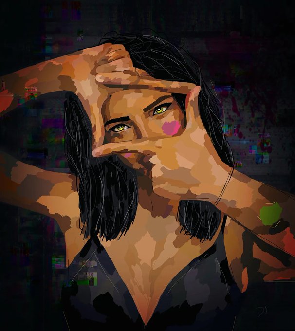 A stylized digital illustration shows a woman with dark hair framing her face through her hands to form a rectangle, with her striking green eyes and a pink mark on her cheek visible through the gap. The image visually embodies the post's message of "focusing on the good" by deliberately choosing what to see amidst the chaotic, glitchy background. A small "0.11 #ETH" reference appears in the accompanying text, suggesting a crypto-related post where the artwork symbolizes selective perception and mindful framing in a noisy world.