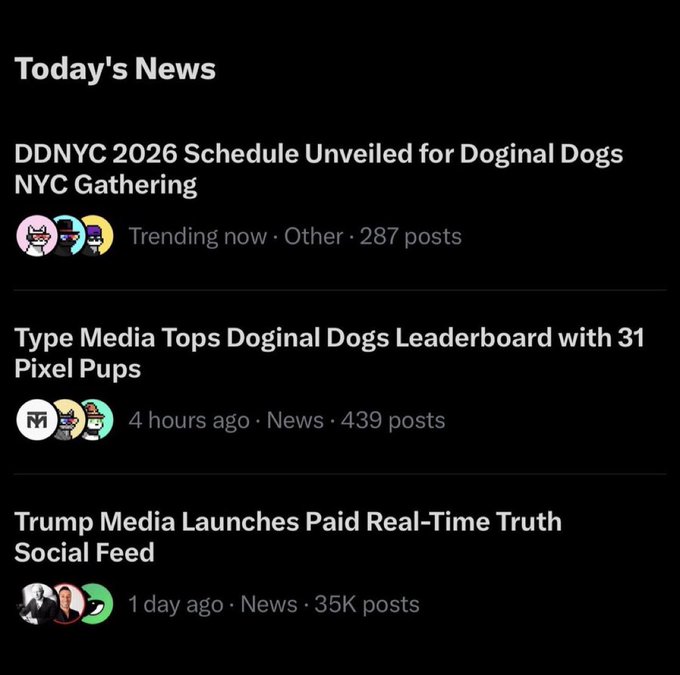 A mobile news feed titled 'Today's News' featuring three headlines: 'DDNYC 2026 Schedule Unveiled for Doginal Dogs NYC Gathering', 'Type Media Tops Doginal Dogs Leaderboard with 31 Pixel Pups', and 'Trump Media Launches Paid Real-Time Truth Social Feed'.