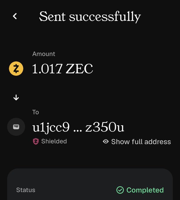 A dark-mode mobile app screen showing a successful transfer of "1.017 ZEC" sent to a shielded address starting with "u1jcc9...z350u", with a green "Completed" status.