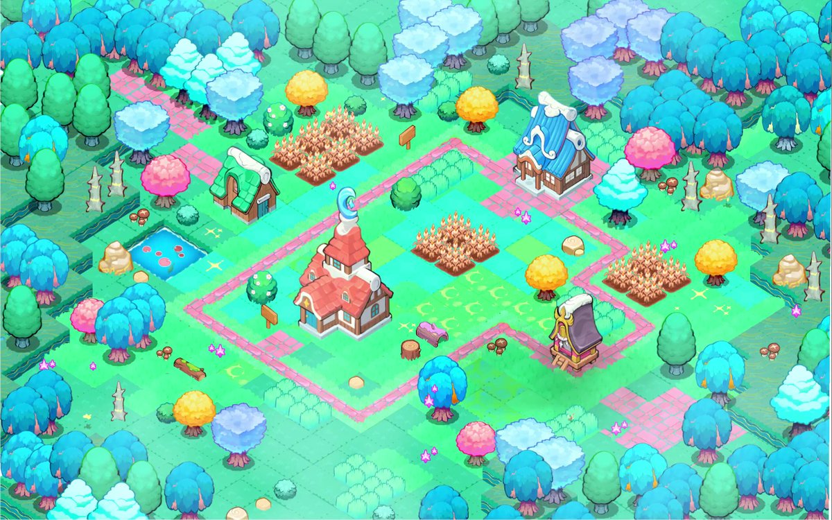 The image shows an illustration of a village with houses and buildings scattered throughout the scene. The village appears to have a unique layout, resembling a factory or industrial area rather than a traditional residential setting. The houses are small and made from materials like wood and stone, giving them a rustic appearance. The village is surrounded by trees and other vegetation, creating a natural and serene atmosphere. The image does not contain any text, but it seems to be related to the post about the village in the game.