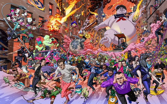 A densely packed, chaotic comic-book style illustration depicting a massive city battle featuring Ghostbusters, Stay Puft Marshmallow Man, anime characters, superheroes, and panicked civilians amidst explosions and pink slime.