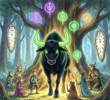 A fantasy illustration shows a dark, glowing-eyed bull with bright green horns surrounded by adventurers in a mystical forest, with magical symbols floating in the air and feather talismans hanging from the trees.