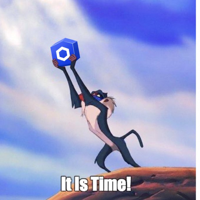A monkey from *The Lion King* triumphantly holds aloft a blue cube featuring the Chainlink (LINK) logo, mimicking Rafiki's iconic "Simba" presentation moment, with the caption "It Is Time!" — symbolizing the fulfillment of the LINK prophecy called for in the accompanying post.