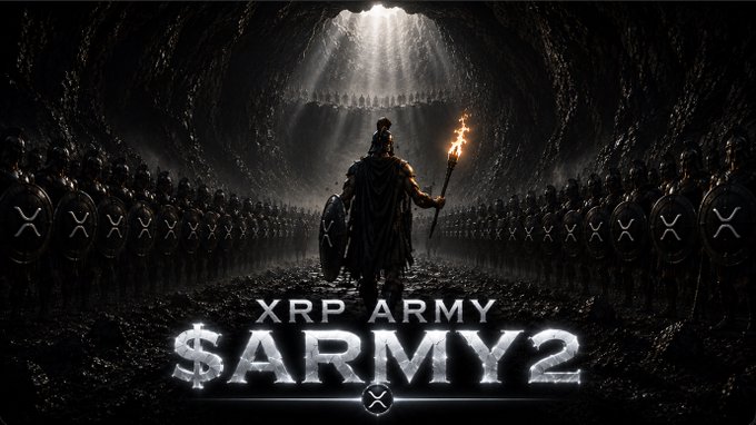 A lone warrior stands backlit in a torch-lit cavern, flanked by rows of soldiers bearing the XRP logo on their shields, with the text "XRP ARMY $ARMY2" displayed at the bottom—visually reinforcing the post's rallying cry that XRP holders form an unstoppable army.
