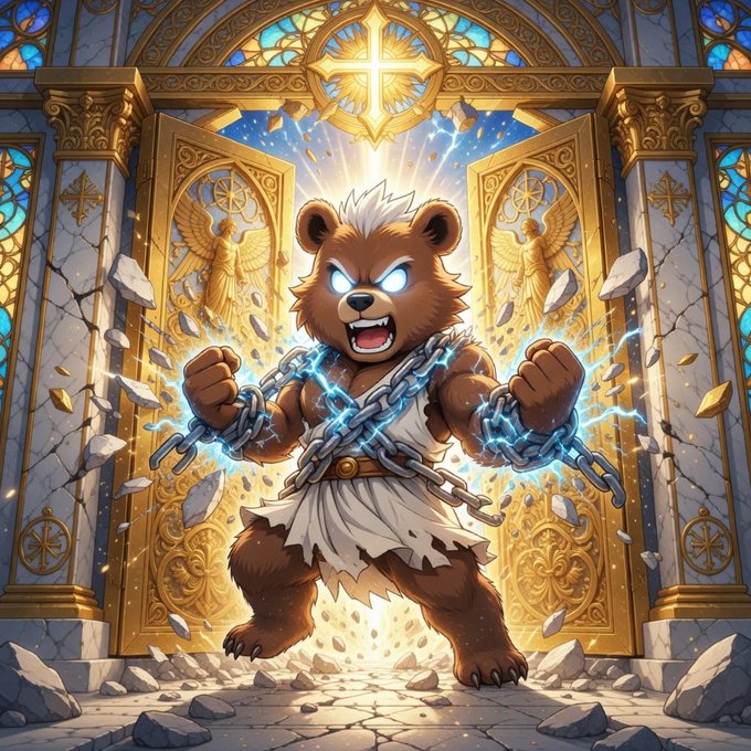 Digital artwork of an angry brown bear bursting through ornate golden cathedral doors with angel reliefs, breaking chains with blue electricity emanating from its body.