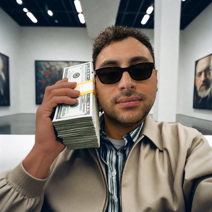 A selfie of a man with curly hair and dark sunglasses holding a thick stack of banded $100 bills against his ear, posing in what appears to be a gallery or office with framed portraits on the walls.