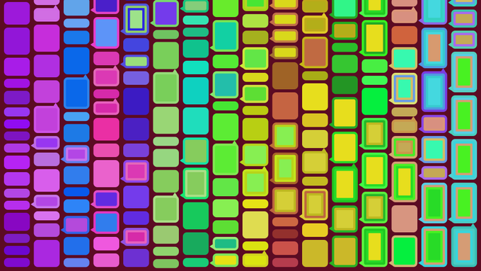 An abstract pattern of colorful rounded rectangles arranged in vertical columns in bright shades of pink, blue, green, yellow, and orange.