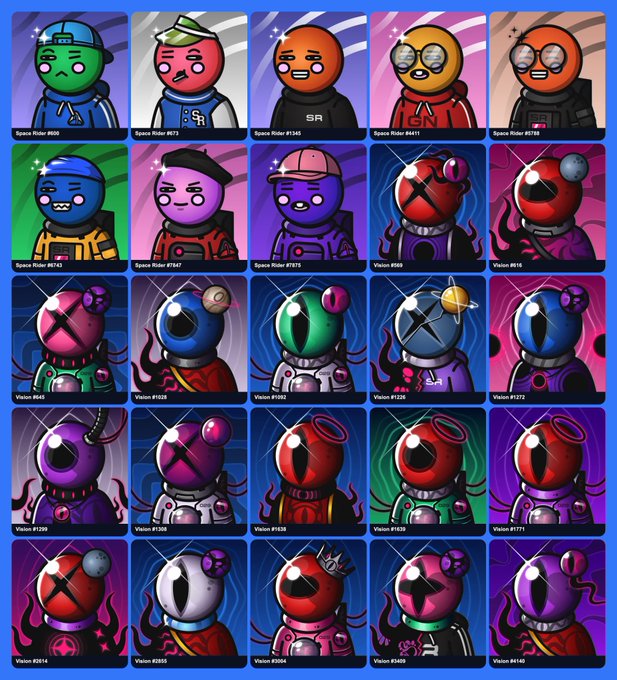 A grid of 25 cartoon-style astronaut avatars from the 'Space Rider' and 'Vision' NFT collections, featuring colorful helmets in shades of red, purple, blue, and orange.