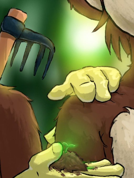 A close-up digital illustration depicts gloved hands carefully holding a small green seedling with a glowing blue-green core, as another hand uses a rake-like tool nearby.