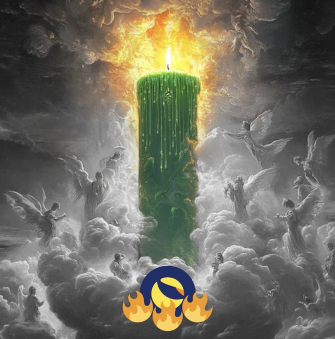 A towering green candle with a fiery flame burns brightly in the heavens, surrounded by angels amidst the clouds, symbolizing the rising momentum of LUNC and USTC as their burn rates increase. A Binance logo sits at the base, hinting at the potential price impact the Terra Classic community has been awaiting.
