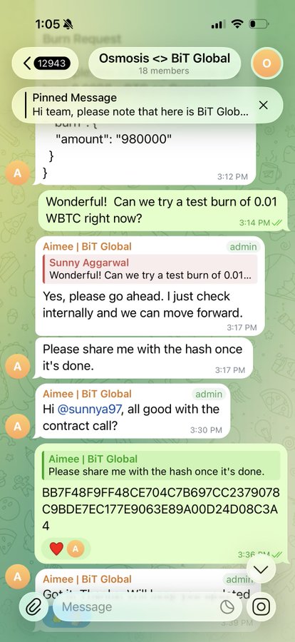 A screenshot of a Telegram chat in 'Osmosis <> BIT Global' discussing a test burn request of 0.01 WBTC, including a transaction hash.