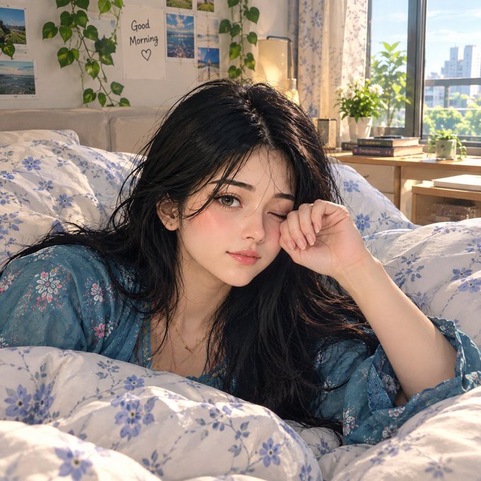 An illustrated portrait of a young woman with dark hair resting in a bed with floral bedding, with a 'Good Morning' sign and photos on the wall behind her.