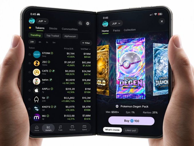 A person holds a foldable device resembling the rumored "iPhone Duo," split between two apps running simultaneously: on the left, the Jupiter (JUP) token market screen showing $TONK at $0.194, ZEC at $1,241.07, and CATE at $0.0533, while the right side displays Jupiter's Gacha feature with a Pokémon Degen Pack available to buy for 100.