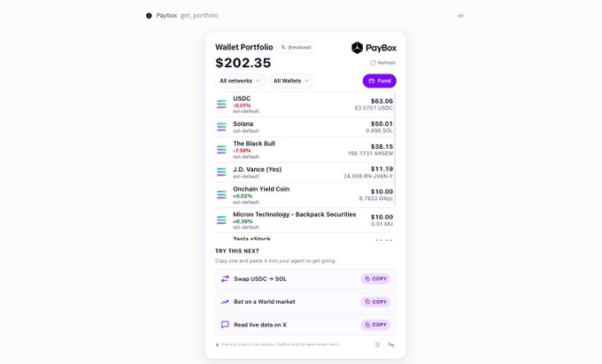 A screenshot of PayBox's "get_portfolio" feature displays a wallet portfolio totaling $202.35 across various assets on Solana, including USDC ($63.06), Solana ($50.01), The Black Bull ($28.15), J.D. Vance (Yes) ($11.19), Onchain Yield Coin ($10.00), and Micron Technology - Backpack Securities ($10.00), with suggested next actions like "Swap USDC > SOL."