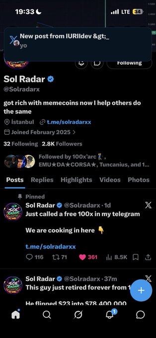 The image shows a social media feed with several posts displayed, including one from a user named "Sol radar" who has posted about their recent retirement. The post includes a photo of themselves and a message expressing gratitude for the first win they received after being down for so long. The post also mentions that it was shared by another user on Twitter.