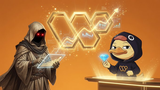 Stylized illustration of a hooded figure with red eyes holding a tablet displaying charts, alongside a duck mascot holding a diamond, set against an orange background with a golden chain-link logo.